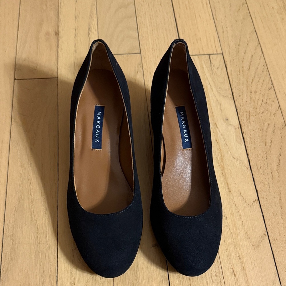 Margaux Classic Black Suede with Patent Leather accent Heels 36.5W